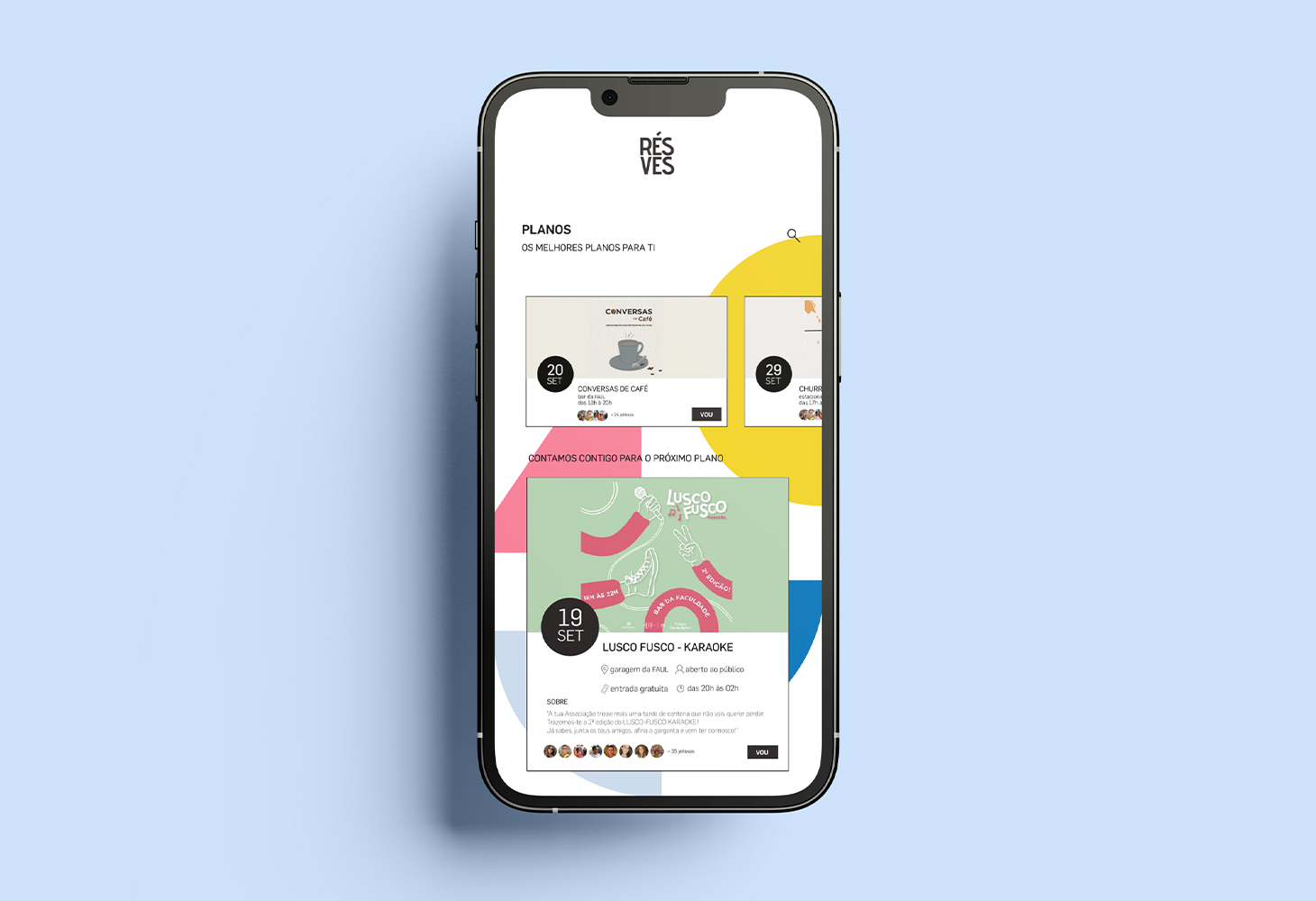 Resves mobile interface on blue background